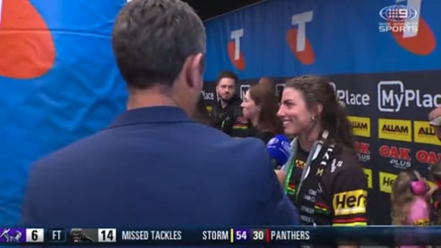 Brad Fittler interviewing Jess Fox in the Penrith sheds.