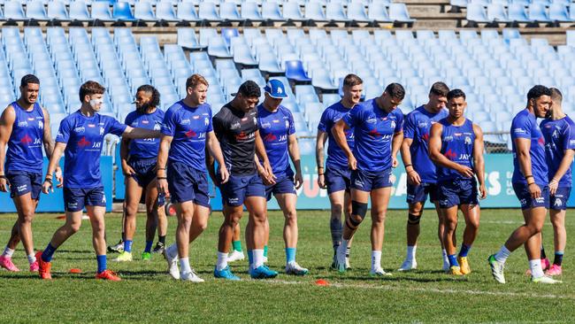 Canterbury-Bankstown Bulldogs players after news that a player had walked out on the club over a punishment during training. Picture: Max Mason-Hubers