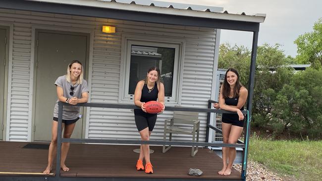 Makeisha Muller, Laura Wright and Zia Kelly of Melbourne at the Howard Springs quarantine. Picture: News Corp Australia