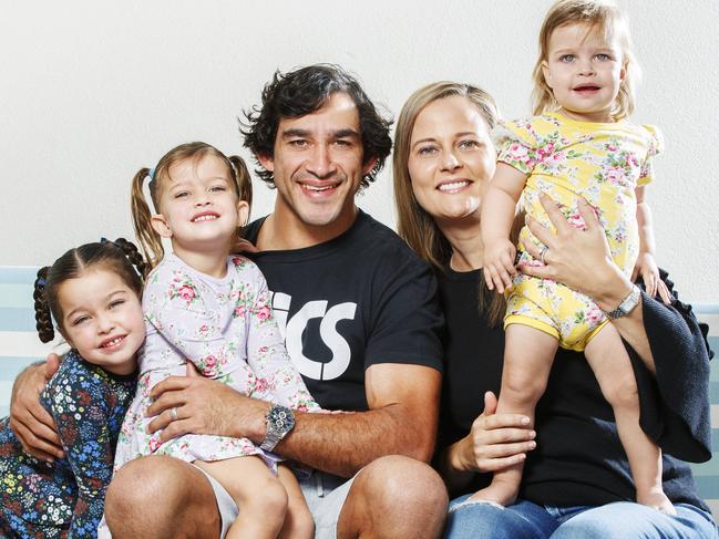 Retiring Cowboys Legend Jonathan Thurston with wife Samantha and their children Frankie 5, Charlie 3, and Lillie 18 months before his last NRL game against the Titans on the Gold Coast . Photo Lachie Millard