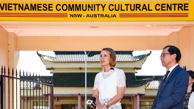 Labor Senator Kristina Keneally with Vietnamese Community in Australia president Paul Nguyen outside the Vietnamese Community Cultural Centre in Sydney on Saturday. Picture: NCA NewsWire / Flavio Brancaleone