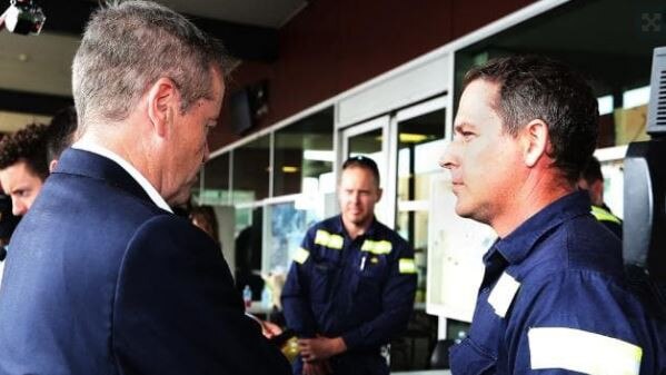 Bill Shorten speaks to a worker at Gladstone Ports during the election campaign.