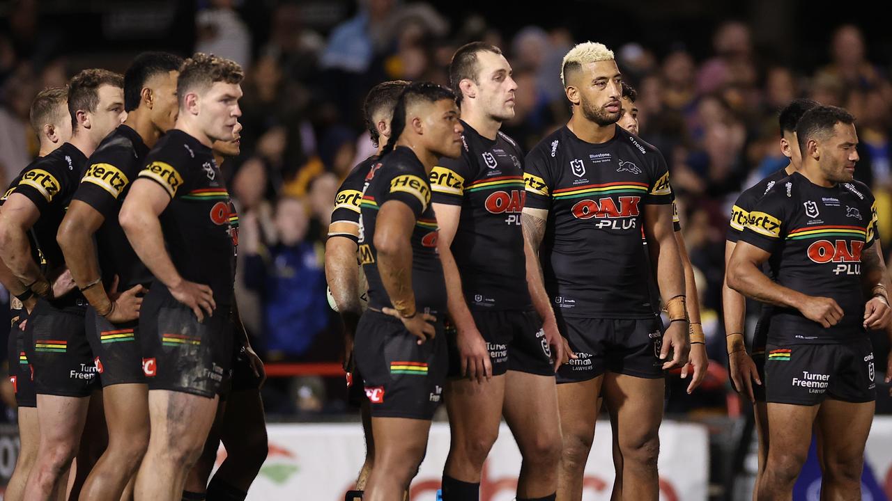 PENRITH, AUSTRALIA - MAY 06: Panthers players reacts after an Eels try during the round nine NRL match between the Penrith Panthers and the Parramatta Eels at BlueBet Stadium on May 06, 2022, in Penrith, Australia. (Photo by Cameron Spencer/Getty Images)