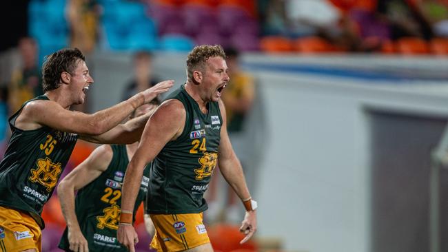 Jackson Calder celebrates in the Nightcliff vs St Mary’s 2023-24 NTFL major semi final. Picture: Pema Tamang Pakhrin