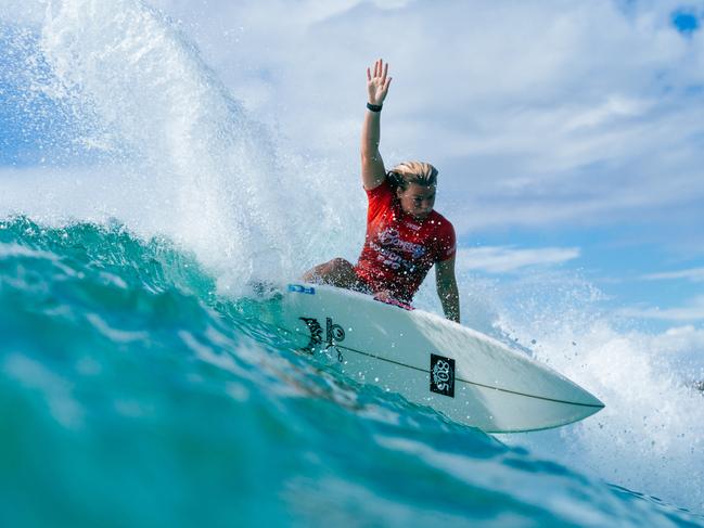 GOLD COAST, QUEENSLAND, AUSTRALIA - APRIL 27: Kirra Pinkerton of the United States surfs in Heat 5 of the Opening Round at the Bonsoy Gold Coast Pro on April 27, 2024 at Gold Coast, Queensland, Australia. (Photo by Andrew Shield/World Surf League)