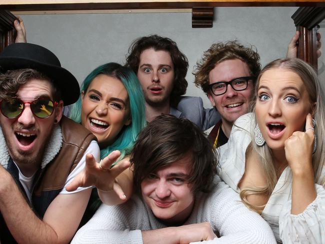 Sheppard will be one of the live acts performing at the APRA awards in Brisbane. Emma Sheppard (blonde hair), Dean Gordon (blazer), George Sheppard (white jumper), Michael Butler (glasses, bomber jacket), Amy Sheppard (blue hair) and Jay Bovino (hat). Photography David Kelly