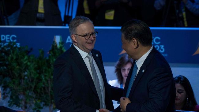 Mr Albanese greets Chinese President Xi Jinping on the last day of the APEC Leaders Retreat. Picture: Getty Images/AFP