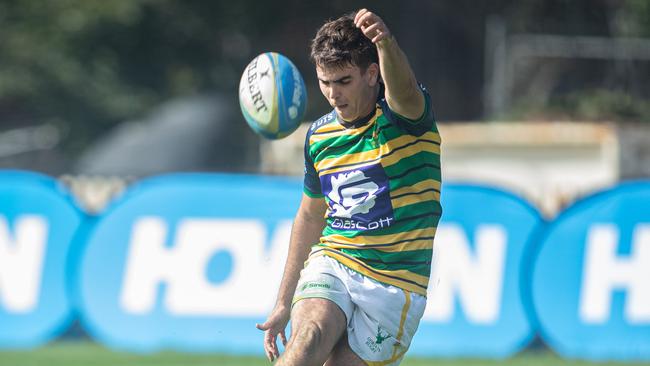 25/04/25. News Local. Sport. Camperdown, Sydney, NSW.Pics by Julian Andrews.Action pictures from the 1st Colts RFU match between Sydney University and Gordon in Camperdown.Picture shows:Uni player:Gordon player: Ben Playford converts the try to add to his points tally with the boot