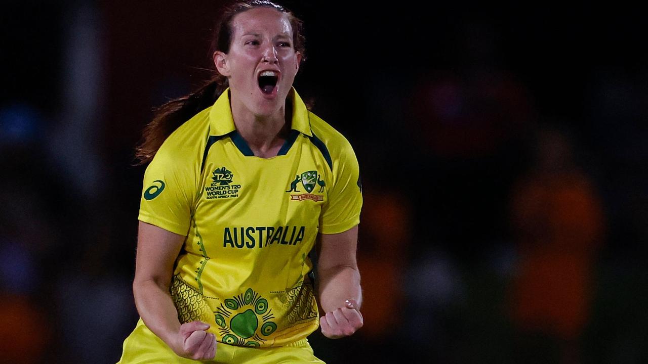 Australia's Megan Schutt celebrates after the dismissal of New Zealand's Suzie Bate