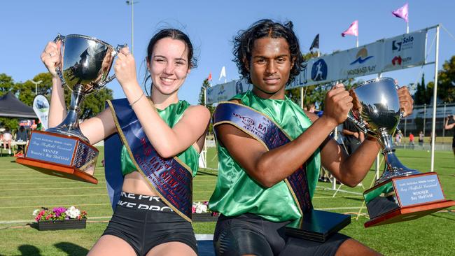 Bay Sheffield 120m women's and men's winners Chloe Kinnersly and Javon Brijmohan at Glenelg Oval.. Picture: Brenton Edwards