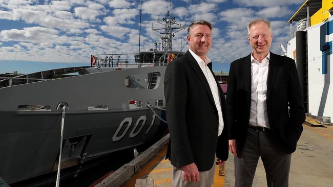 Austal chief executive Paddy Gregg, left, took over from long-serving CEO David Singleton, right, last month. Picture: Colin Murty