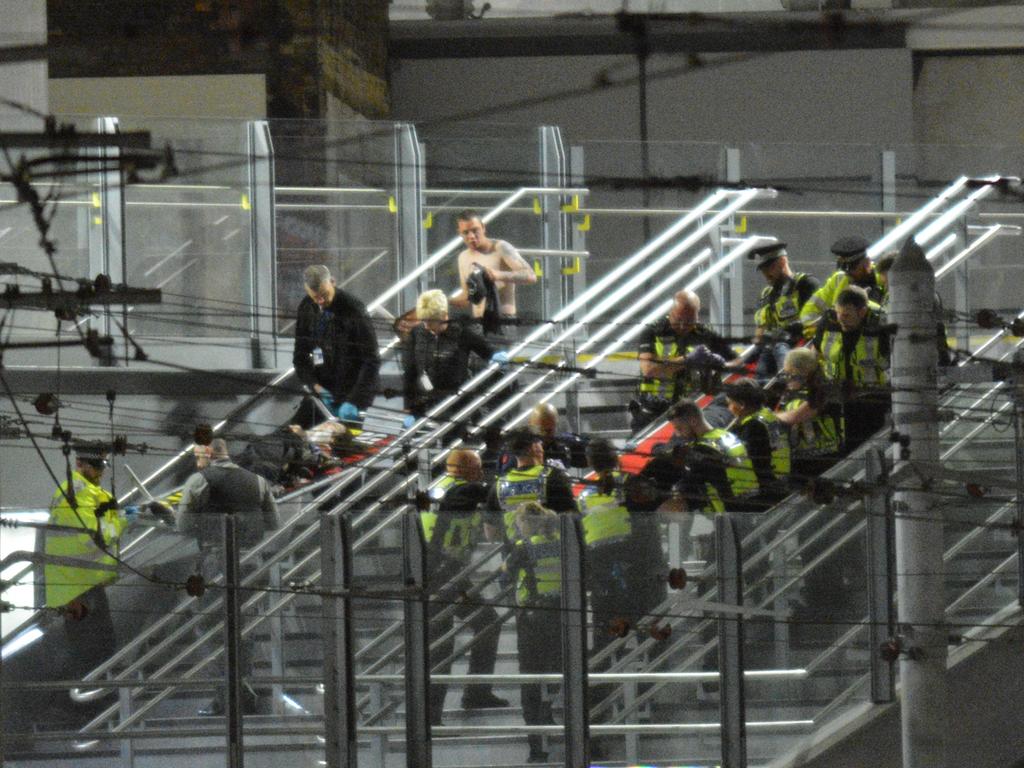 Casualties being carried out of the Manchester Arena on barriers after an explosion at the Ariana Grande concert. Picture: icelebtv