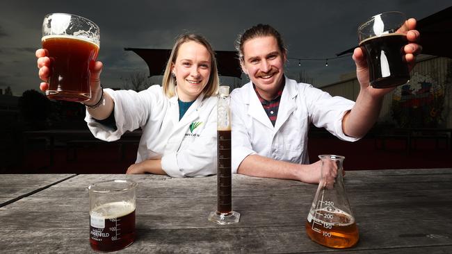 Researcher Kelsey Picard and PHD student, Matthew Fielding are running a live streamed beer tasting event as part of National Science Week called 'Science Made Beerable'. Picture: Zak Simmonds