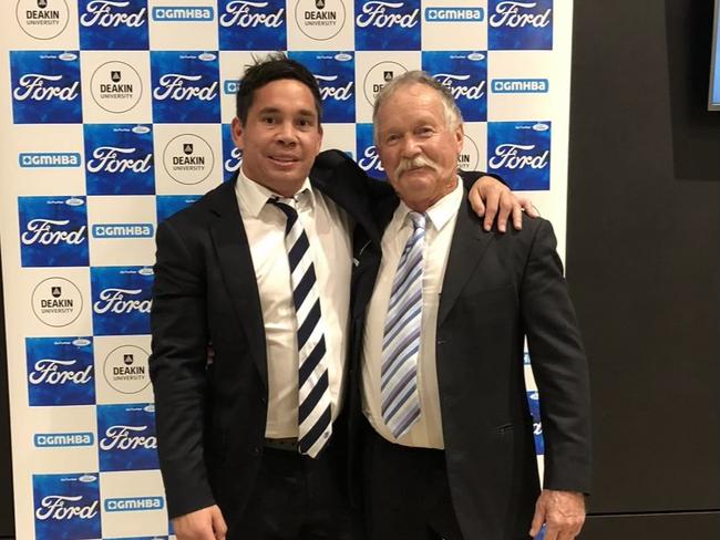 Two-time Geelong premiership star Mathew Stokes, with his father John, who died from motor neurone disease (MND) last year. Pictures: Supplied