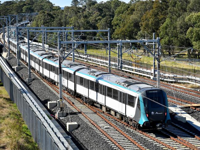 A North West Metro train seen leaving Tallawong Station in Sydney, Sunday, May 26, 2019. (AAP Image/Joel Carrett) NO ARCHIVING