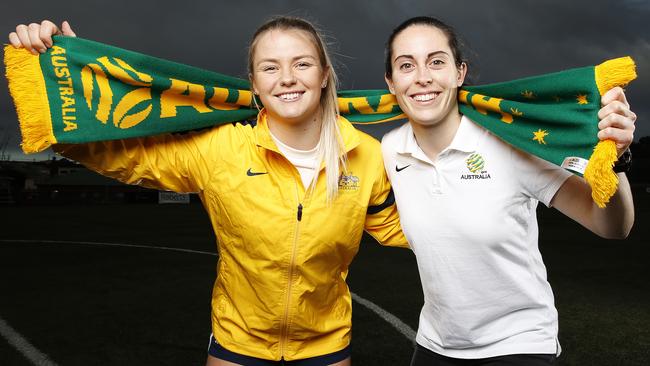 Former Young Matildas representatives Aimee Medwin and Jessie Williams are excited the FIFA Women's World Cup is coming to Australia and New Zealand in 2023. Picture: ZAK SIMMONDS