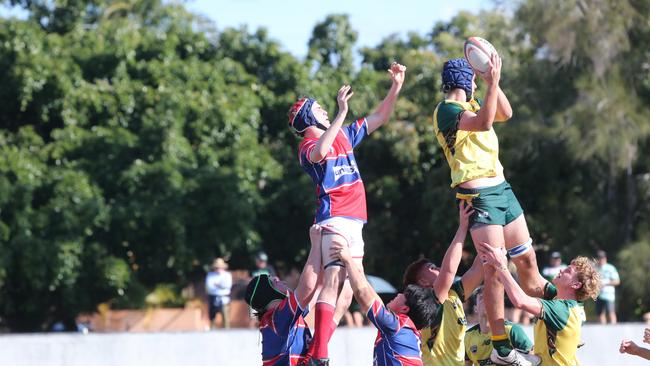 Action galleries of the junior rugby union grand finals, match played at Surfers Paradise Home Ground. Surfers Paradise Dolphins Vs Bond pirates under 18s division. Picture Mike Batterham