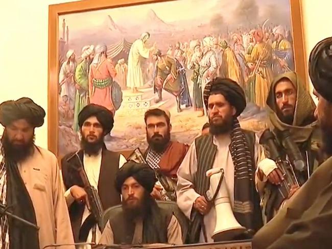 Taliban fighters in Kabul’s presidential palace. Picture: Al Jazeera.