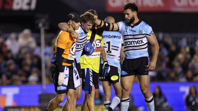 Sharks coach Craig Fitzgibbon has backed young gun Jesse Colquhoun to bounce back from his latest setback, with fears the young gun has suffered an ACL injury. Picture: Brendon Thorne/Getty Images