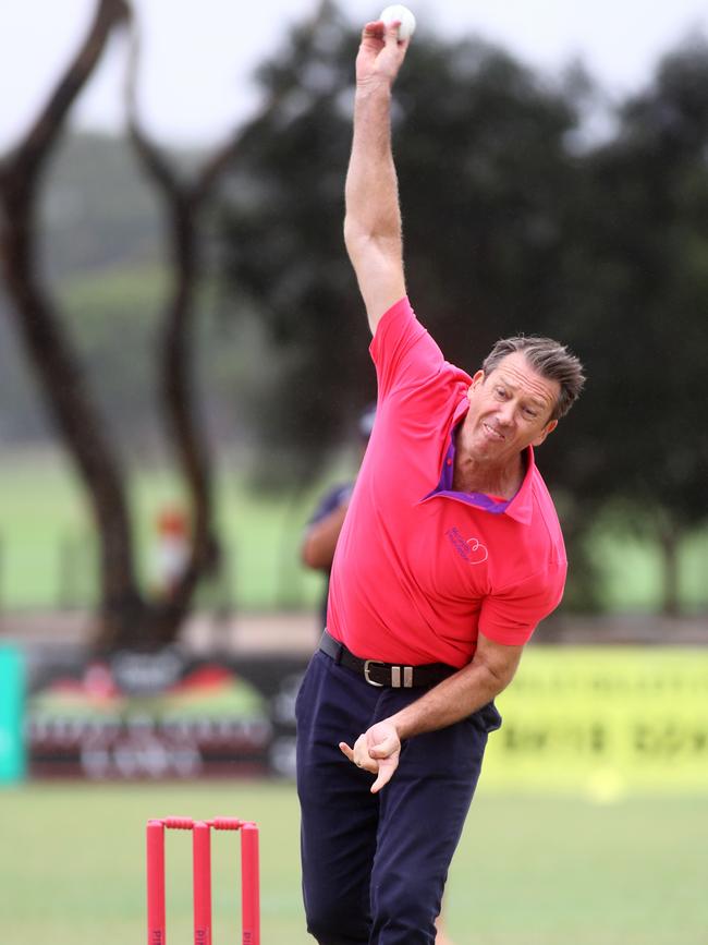 Glenn McGrath celebrity bowls to Lara Cricket Club’s leading batsman. Picture: Glenn Ferguson