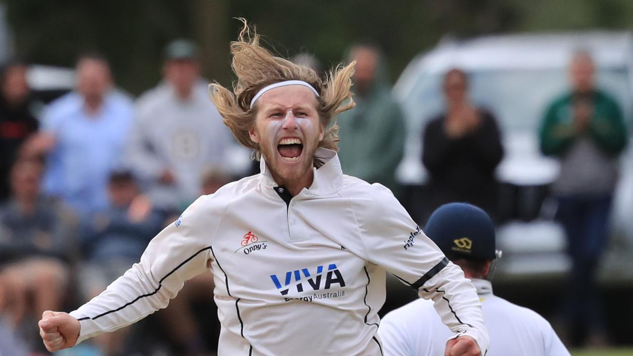 North Geelong bowler Tom Mathieson takes the wicket of East Belmont’s Jack Jenkins in the GCA1 grand final in March, 2023. Picture: Mark Wilson