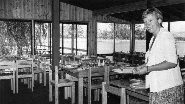 Maggie Beer and the interior of the Barossa Valley Pheasant Farm restaurant in 1981.