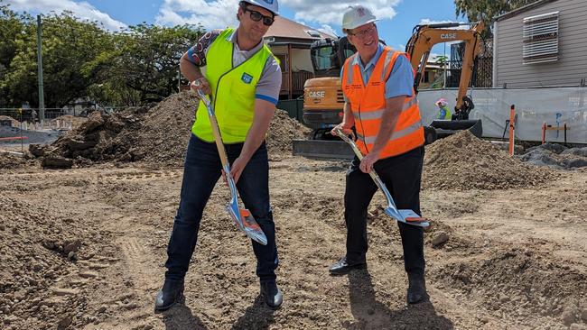 Hutchinson Builders Nick Colthup and Rockhampton MP Barry O'Rourke on site of the Campbell Street social housing project.