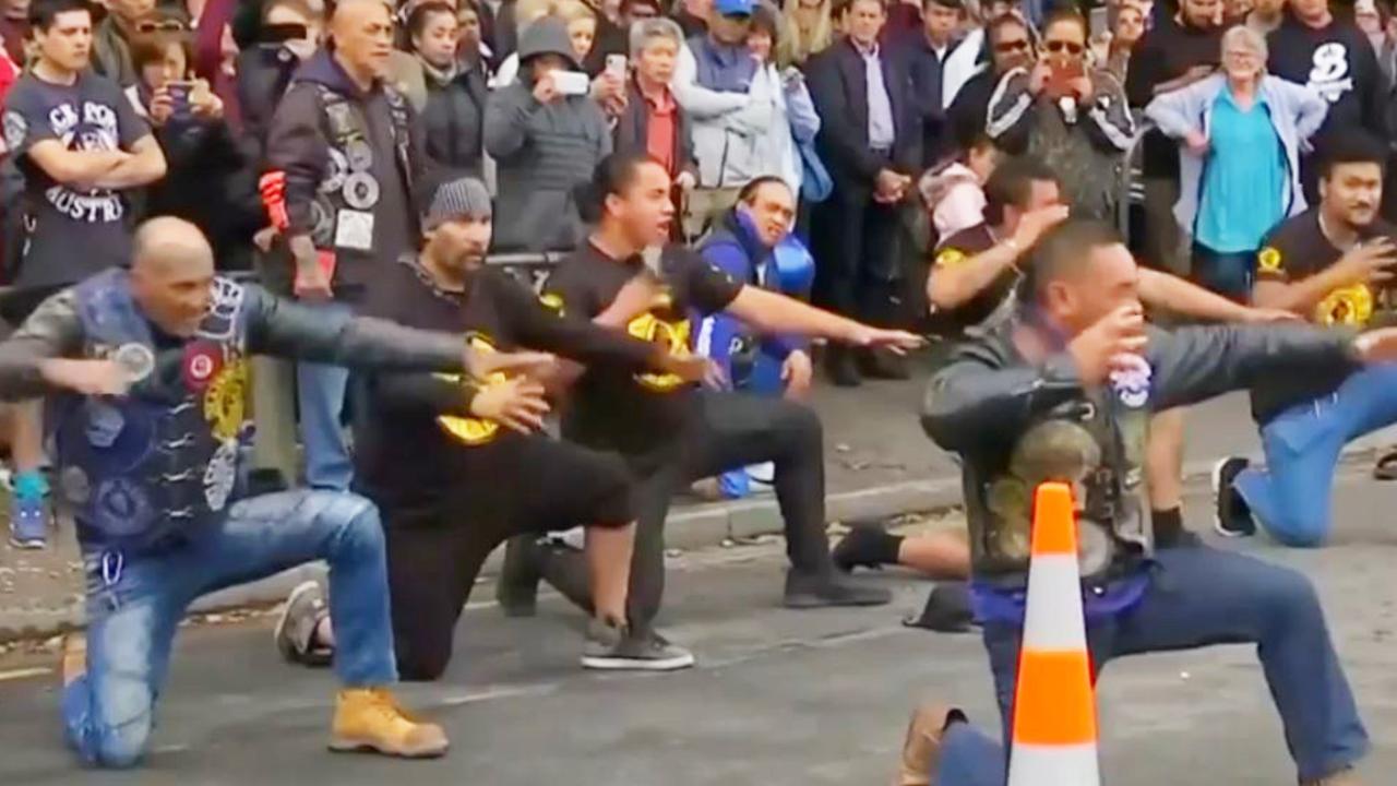 New Zealand gang Black Power perform a haka outside the Linwood mosque in Christchurch.