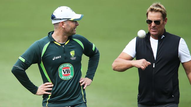 Michael Clarke at training at the SCG yesterday with Shane Warne. Picture: Phil Hillyard