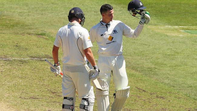 Peter Handscomb celebrates his double century against New South Wales last week. Picture: Getty Images