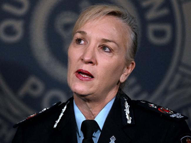 Police Commissioner Katarina Carroll at a press conference in Brisbane on Tuesday to announce she was stepping down. Picture: Dan Peled / NCA NewsWire