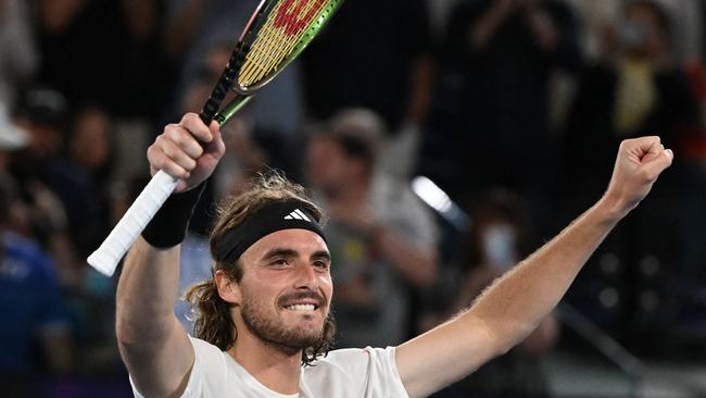 Greece's Stefanos Tsitsipas celebrates after victory against Czech Republic's Jiri Lehecka