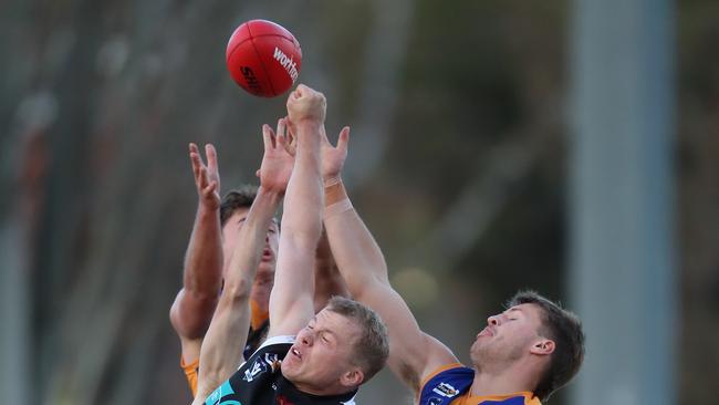 Bendigo FNL, Round 7, Maryborough V Golden Square, at Princes Park, Maryborough, Kirk Looby, 9, Coby Perry,. 4, (C),   Maryborough Magpies   & Brodie James, 28, Liam Thomas, 21,   Golden Square Bulldogs,   Picture Yuri Kouzmin