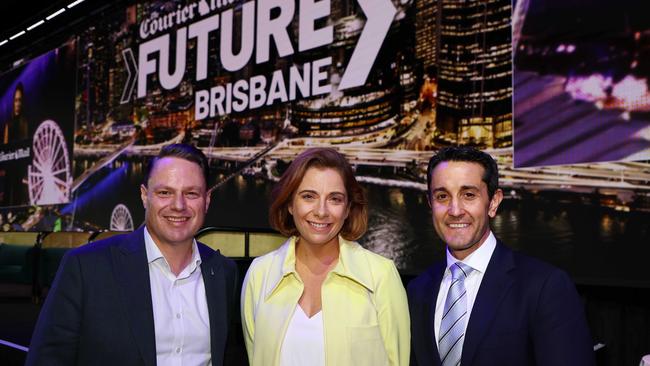 Brisbane Lord Mayor Adrian Schrinner, Federal Sport Minister Anika Wells and Queensland Premier David Crisafulli at The Courier-Mail’s Future Brisbane event in November, 2024.