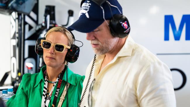 Zara Tindall and Mike Tindall are pictured in the Walkinshaw Andretti United pits during the top ten shoot out for the Adelaide 500. Picture: Daniel Kalisz/Getty Images