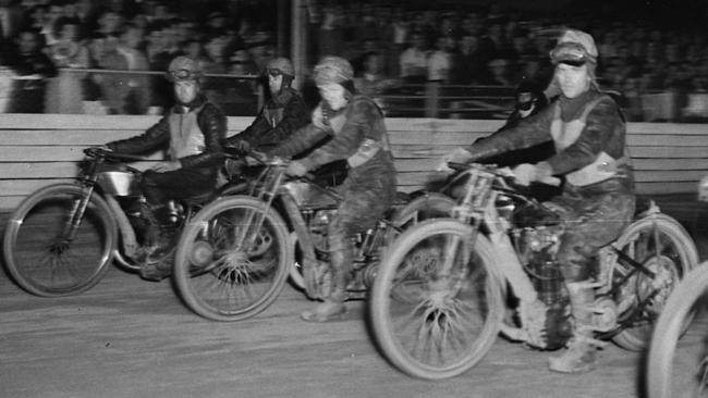 England and Australia riders line up at Sydney Sportsground Speedway in 1937. Picture: State Library of NSW