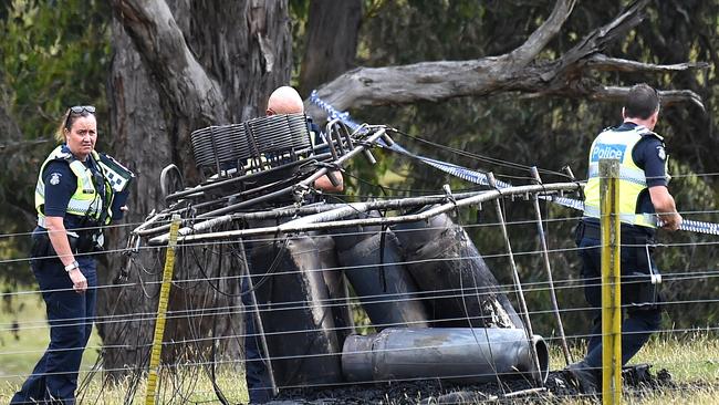 The burnt tanks of a hot-air balloon forced to make an emergency landing. Picture: Nicole Garmston