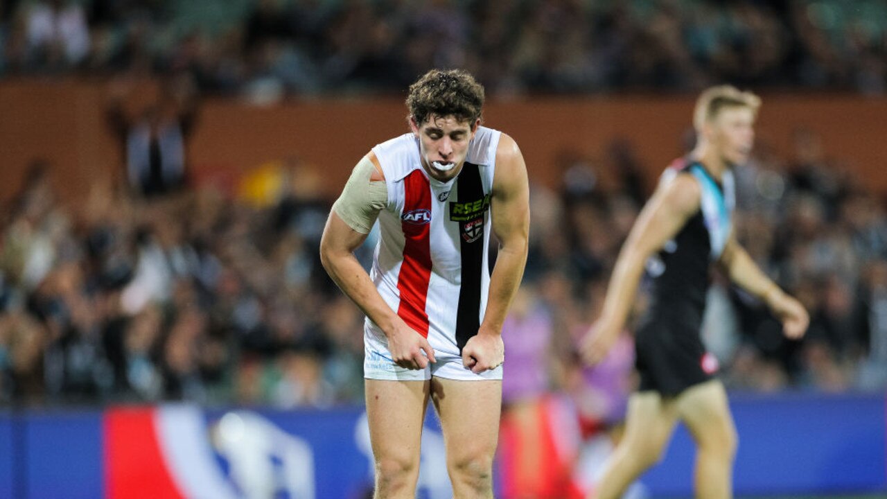 ADELAIDE, AUSTRALIA - APRIL 25: Nick Coffield of the Saints looks on dejected during the round six AFL match between the Port Adelaide Power and the St Kilda Saints at Adelaide Oval on April 25, 2021 in Adelaide, Australia. (Photo by Daniel Kalisz/Getty Images)