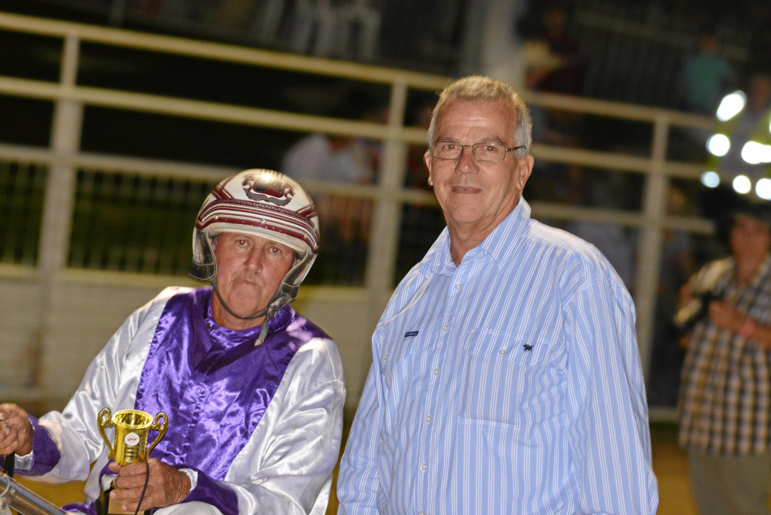 Winning driver Noel Parrish and sponsor Ray Bunch after winning the Ray Bunch Machinery Canton Cup at the trots at the Warwick Show. Picture: Gerard Walsh