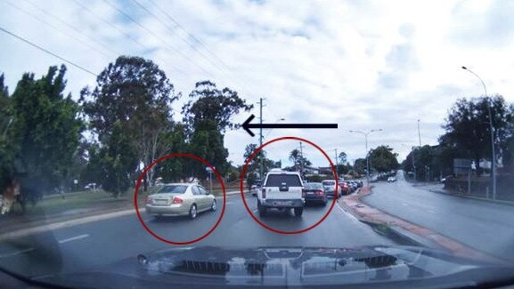 Rather than wait for turning traffic the ute changes lanes into oncoming traffic. Picture: Brett Lynch/YouTube