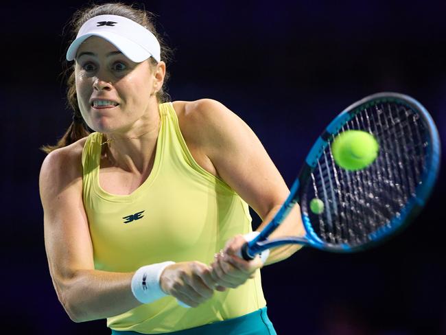 MALAGA, SPAIN - NOVEMBER 17: Kimberly Birrell of Team Australia plays a backhand during the Billie Jean King Cup Finals Quarter Finals match  between Australia and Slovakia at Palacio de Deportes Jose Maria Martin Carpena on November 17, 2024 in Malaga, Spain. (Photo by Fran Santiago/Getty Images for ITF)