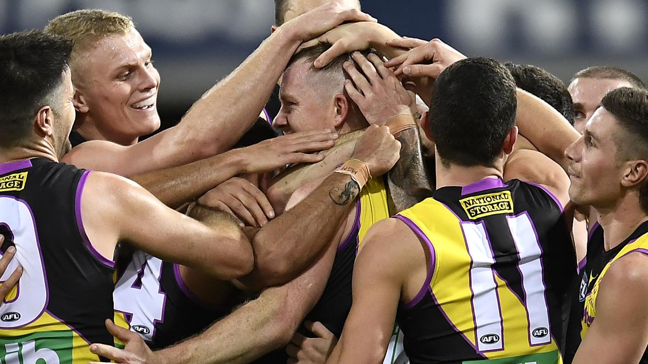 Jack Riewoldt with teammates after kicking his sixth and the final goal of the match. Picture: AFL Photos/Getty Images