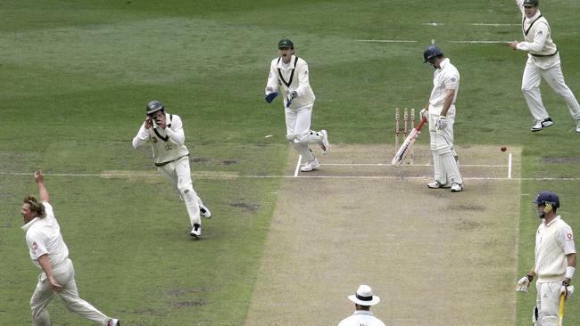 Shane Warne in the moments after taking his 700th wicket. Picture: AP Photos