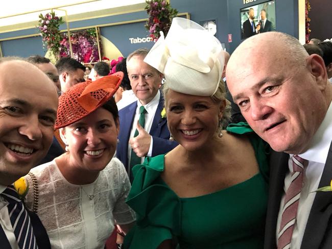 Bill Shorten photobombs wife Chloe’s selfie with Matt Kean, Josie Hellstern and Stephen Ferguson in the Tabcorp marquee.