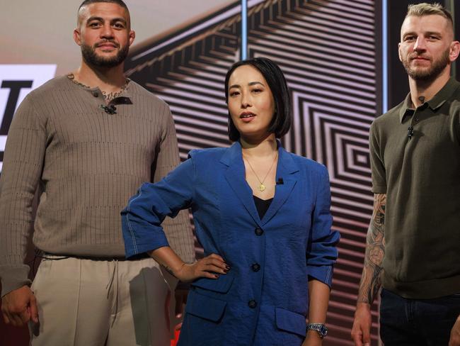 Melissa Leong with UFC fighters Tyson Pedro and Dan Hooker in Artarmon. Picture: Justin Lloyd.