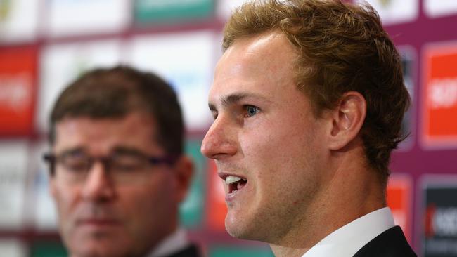 SYDNEY, AUSTRALIA - JUNE 03: Daly Cherry-Evans of the Sea Eagles speaks at a Manly Sea Eagles NRL press conference at Sydney Academy of Sport on June 3, 2015 in Sydney, Australia. Cherry-Evans has signed a life-time NRL deal with the Manly Sea Eagles after reneging on a contract with the Gold Coast Titans. (Photo by Cameron Spencer/Getty Images)