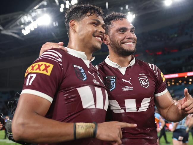 SYDNEY, AUSTRALIA - JUNE 05:  Selwyn Cobbo and Xavier Coates of the Maroons celebrate after winning game one of the 2024 Men's State of Origin Series between New South Wales Blues and Queensland Maroons at Accor Stadium on June 05, 2024 in Sydney, Australia. (Photo by Cameron Spencer/Getty Images)