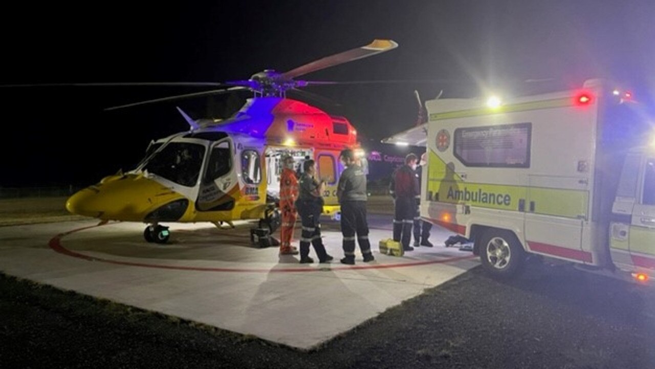 The RACQ Capricorn Rescue flew a man in his 20s involved in a single-vehicle rollover on the Bruce Highway at Ogmore, north of Rockhampton, in the vicinity of Marlborough. Picture: RACQ Capricorn Rescue