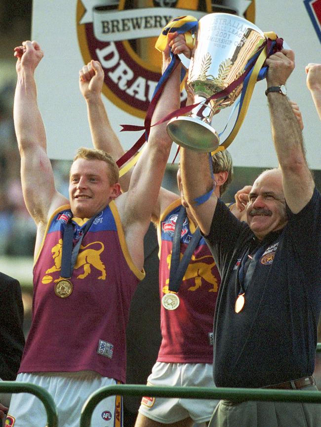 Leigh Matthews the Brisbane premiership coach, alongside skipper Michael Voss in 2001.