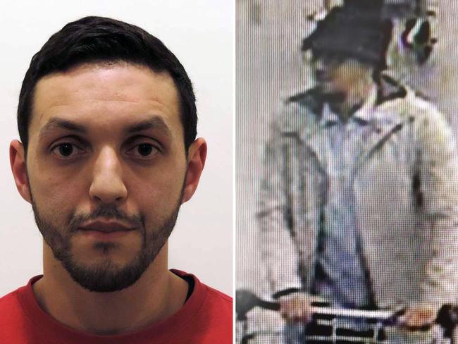 Arrested Belgium national Mohamed Abrini and an image from Brussels International Airport CCTV, where he allegedly co-ordinated the three suicide bombings. Picture: Belgium Federal Police